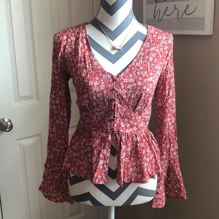 2/$30 Sale! Nwt Francescas Ls Red Floral Button Up Blouse! Brand New With The Tags Attached!! Really Cute Boho Feel!! Red Button-up Top For Day Out, Fall Flowy Red Blouse, Flowy Red Blouse For Fall, Fitted Red Tops For Spring, Red Trendy Spring Blouse, Trendy Red Spring Blouse, Flowy Red Floral Print Top, Red Trendy Blouse For Spring, Red Floral Print Button-up Top