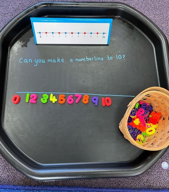 a black tray with writing on it and a basket filled with colorful beads next to it