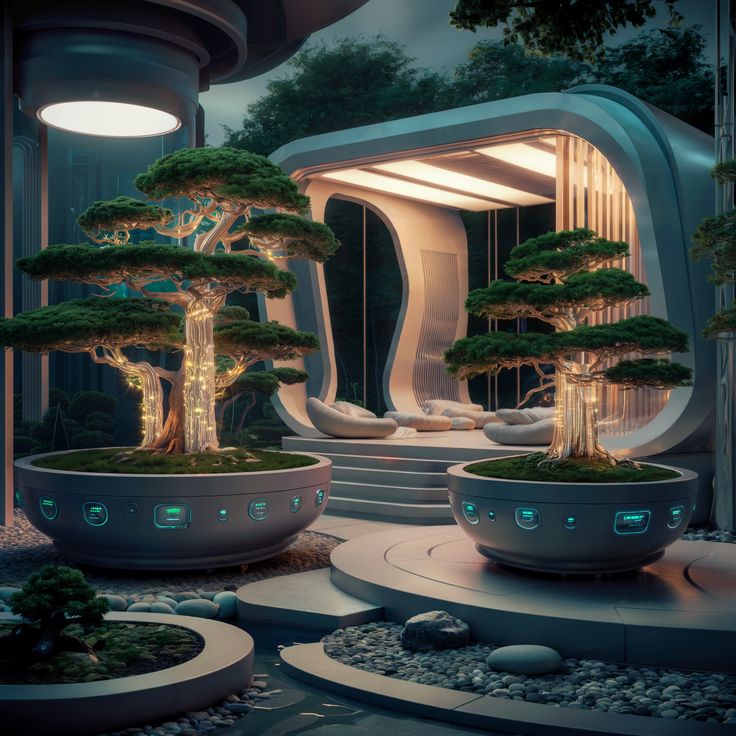 bonsai trees are growing in large planters on the outside of a futuristic building