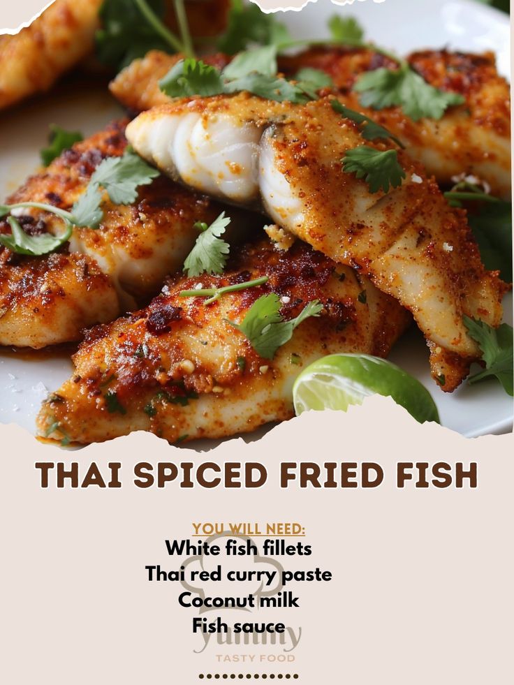 the menu for thai fried fish is displayed on a white plate with limes and cilantro