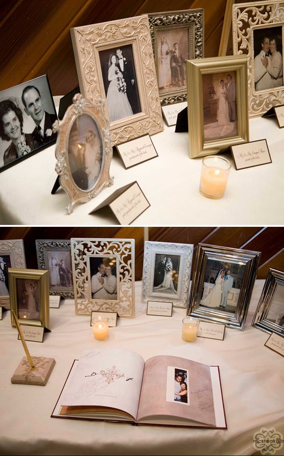 two pictures with frames and candles on a table next to an open photo album, which is decorated with wedding photos