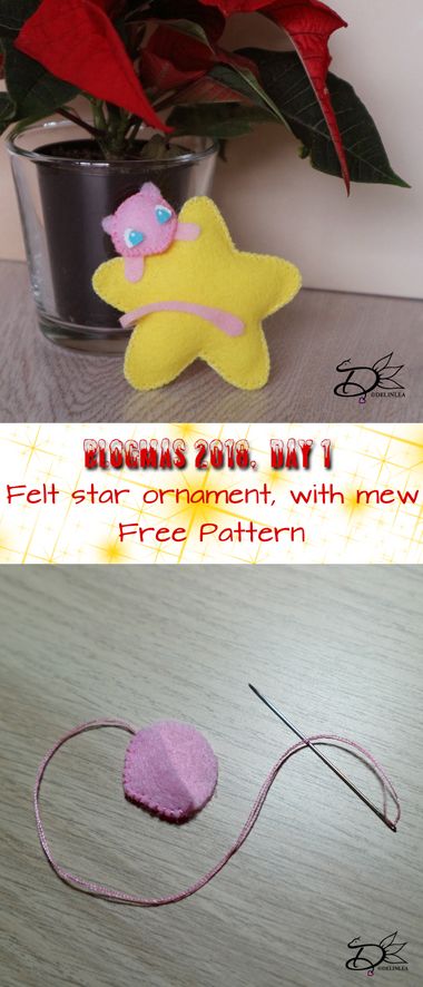 two pictures showing how to make a felt star ornament with new free pattern