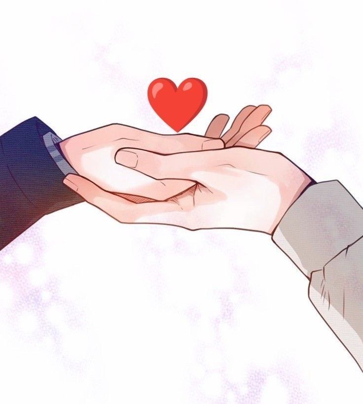 two hands holding each other with a red heart above them