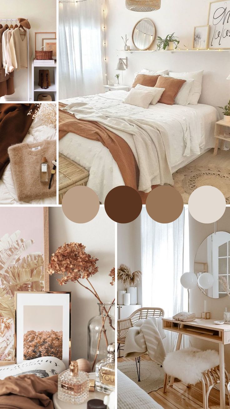 a collage of photos showing different rooms with white walls and furniture, including a bed