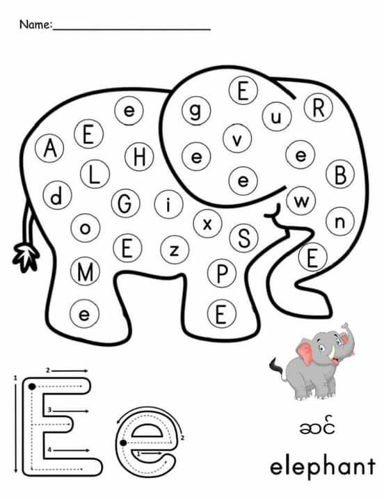 an elephant worksheet with the letter e in it's letters and numbers