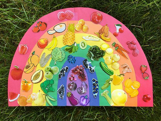 a rainbow shaped paper plate sitting on top of the grass with fruit and vegetables painted on it