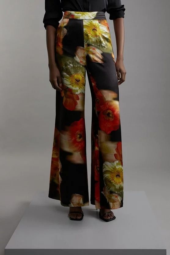 Floral Satin Woven Trouser | Karen Millen Spring Floral Print Wide Leg Pants, Chic Fitted Summer Flares, Chic Fitted Flares For Summer, Spring Floral Print High Waist Wide Leg Pants, Chic High-waist Summer Flares, Chic High Waist Summer Flares, Elegant Printed Pants For Workwear, Chic Floral Print Wide-leg Pants, Chic Summer Floral Print Wide Leg Pants