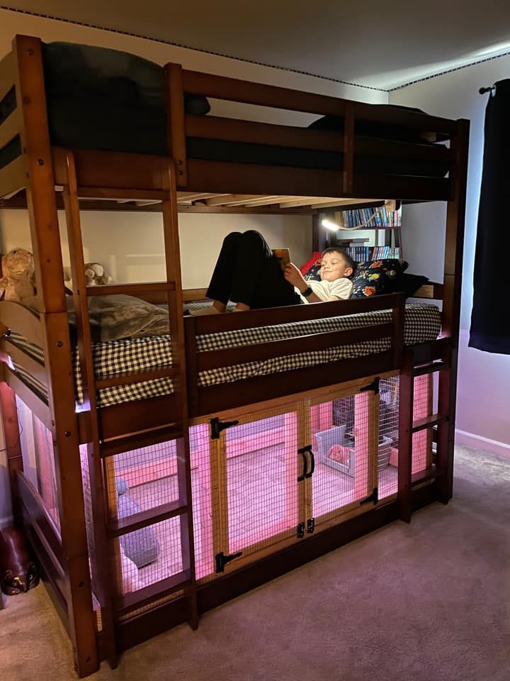 there is a bunk bed with pink lights in the room and two children sleeping on it