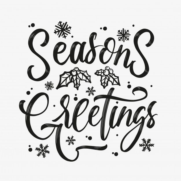 the words season greetings written in black ink with snowflakes and holly leaves