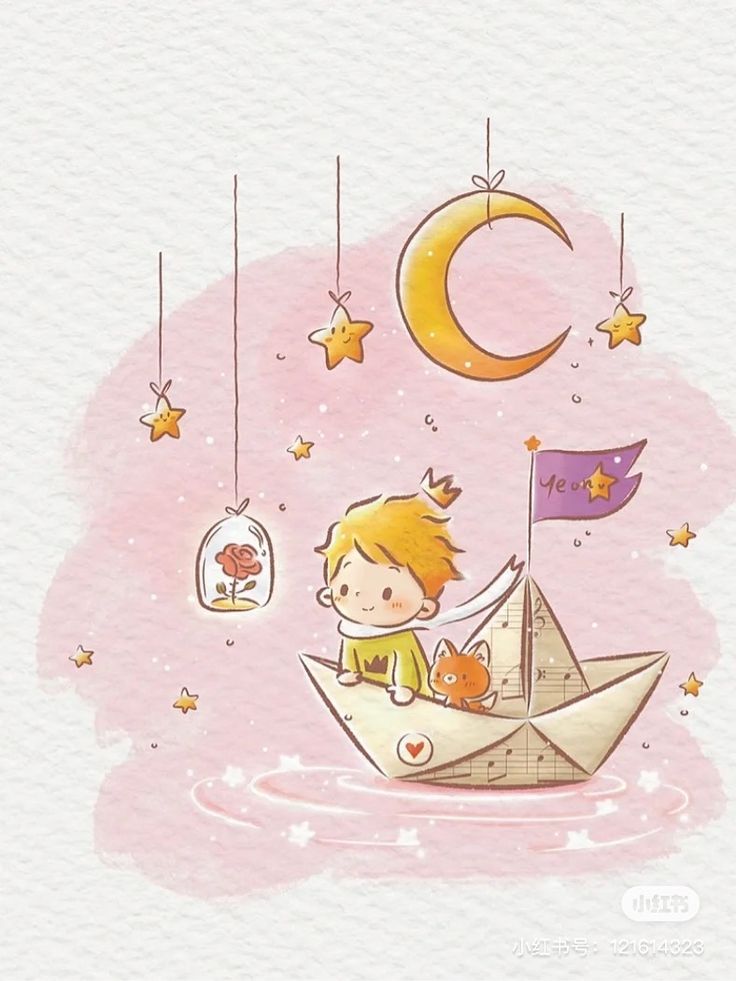 a little boy sitting on top of a paper boat next to a moon and stars