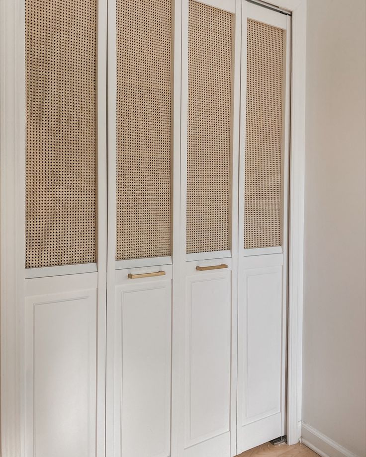 Rattan cane webbing white bedroom bi-fold closet doors minimalist boho Scandinavian scandi style Custom Closet Doors, Diy Closet Doors, Bedroom Closet Doors, Closet Door Makeover, Wood Organization, Bifold Closet Doors, White Closet, Tiny Closet, Closet Door