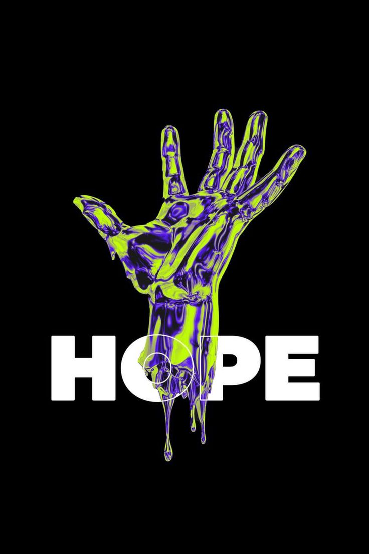 the words hope are painted in purple and green on a black background with an image of a hand