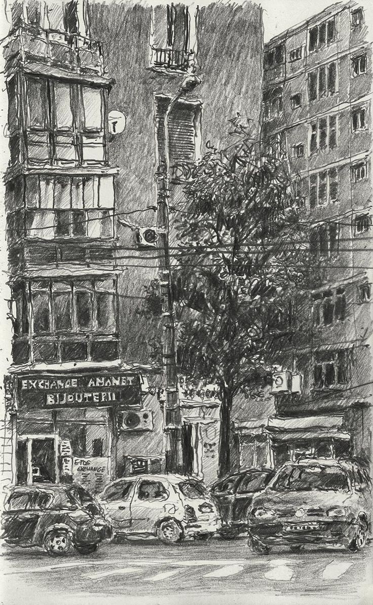 a black and white drawing of cars parked on the side of a road in front of tall buildings