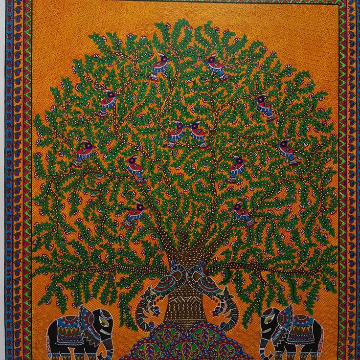 an intricately designed painting with elephants under a tree on orange ground, surrounded by blue and green leaves