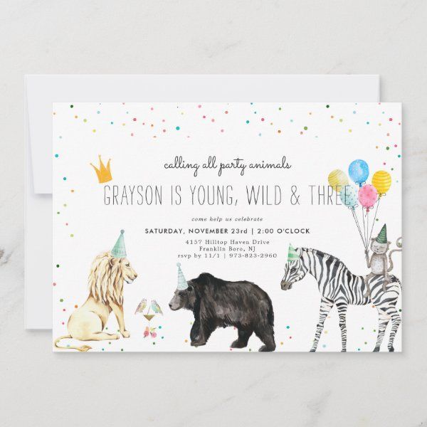 an animal themed birthday party card with balloons and animals on the front, including a lion, zebra, rhinoceros, and giraffe