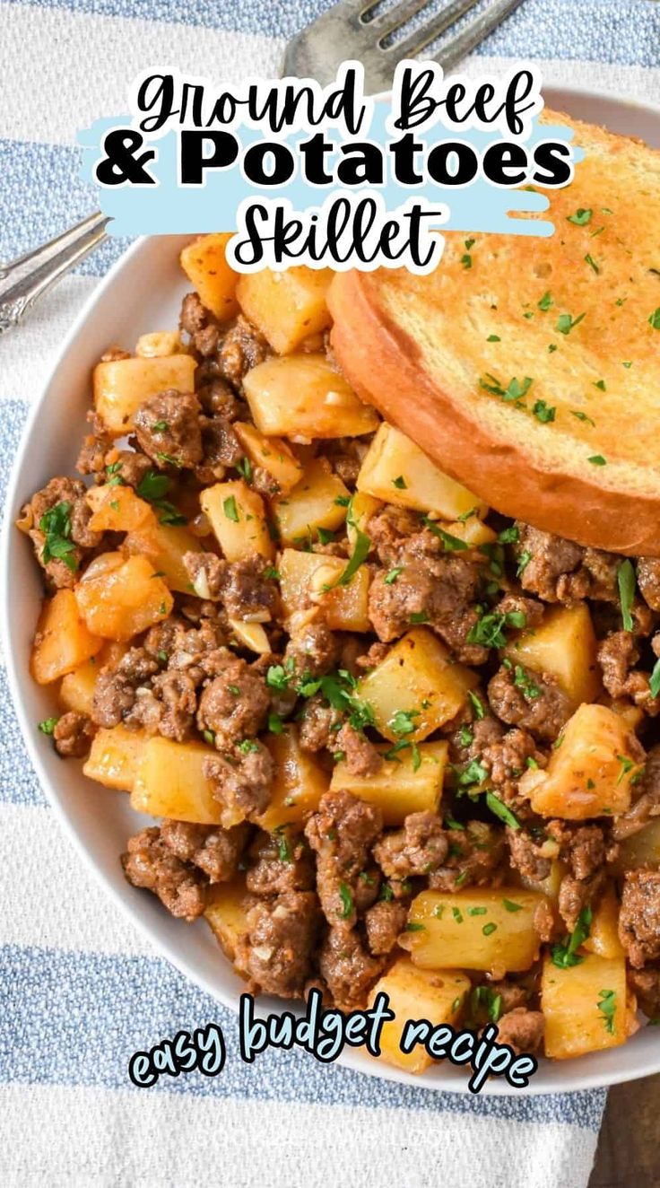 ground beef and potatoes skillet in a white bowl with bread on the side next to it