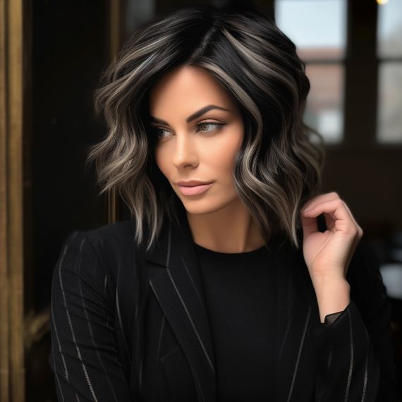 Dark Base With Ash Blonde Highlights, Blonde Brown And Black Hair, Mink Hair Color, Black Highlights On Blonde Hair, Winter Bayalage Brown Hair Dark, Hair Color To Blend Gray Hair Brunettes, Dark Brown Hair With Bright Highlights, Grey Money Piece On Dark Hair, Rayos En El Cabello Oscuro