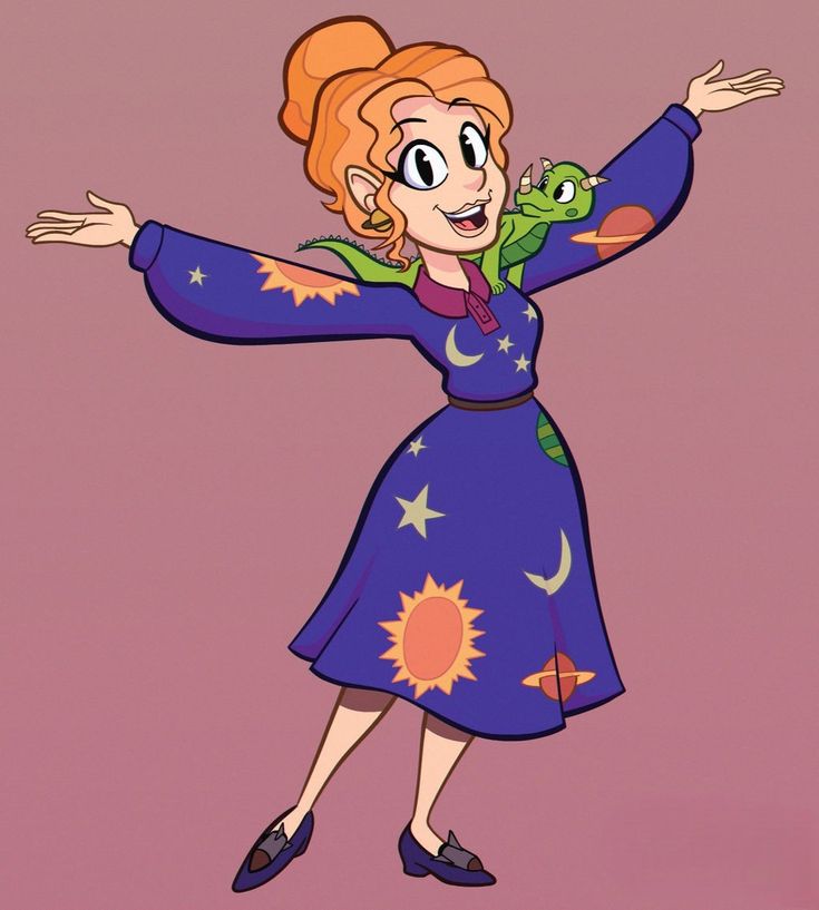 an animated woman in a blue dress holding her arms out with both hands and smiling