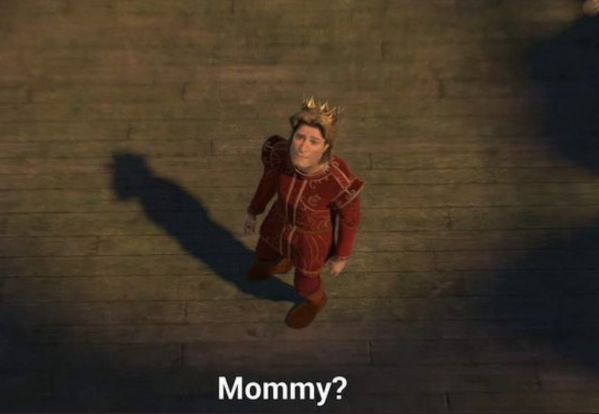 an overhead view of a man in a red suit and crown with the caption mommy?