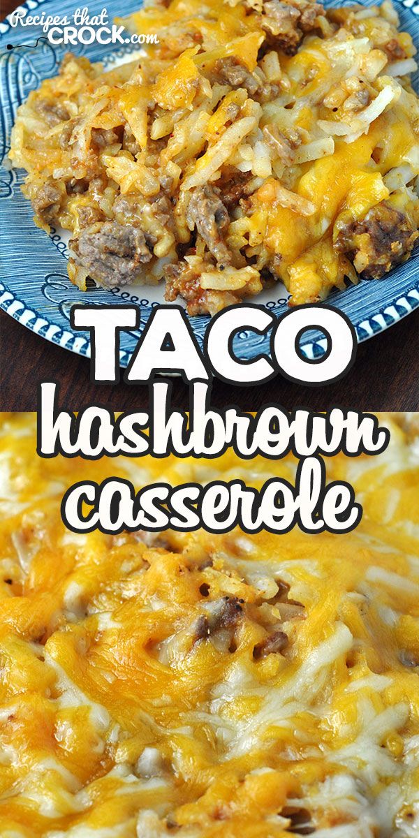 taco hashbrown casserole on a blue plate with text overlay