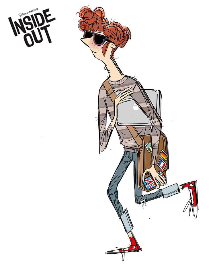 a drawing of a woman with red hair and sunglasses carrying a suitcase in her hand