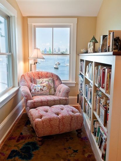 the writer's reading corner is filled with books