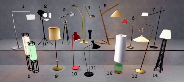 a number of different types of lamps on a table with numbers in front of them