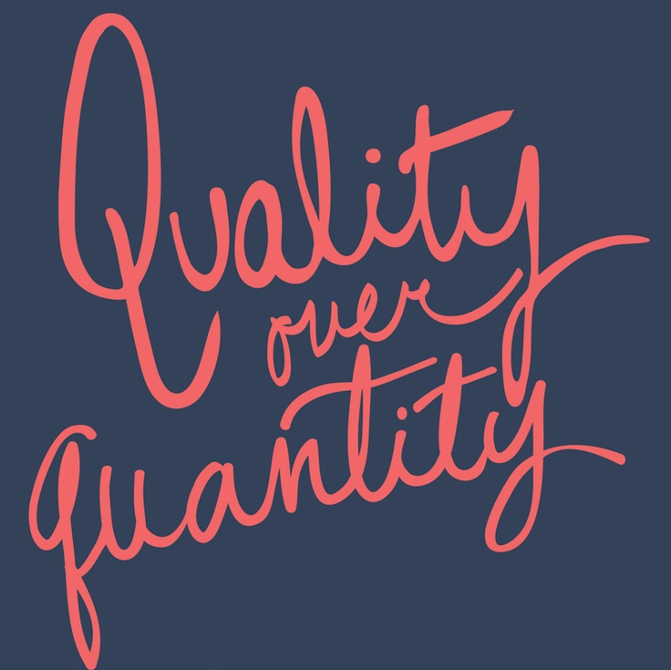 the words quality and quantity are written in pink on a blue background with an orange outline