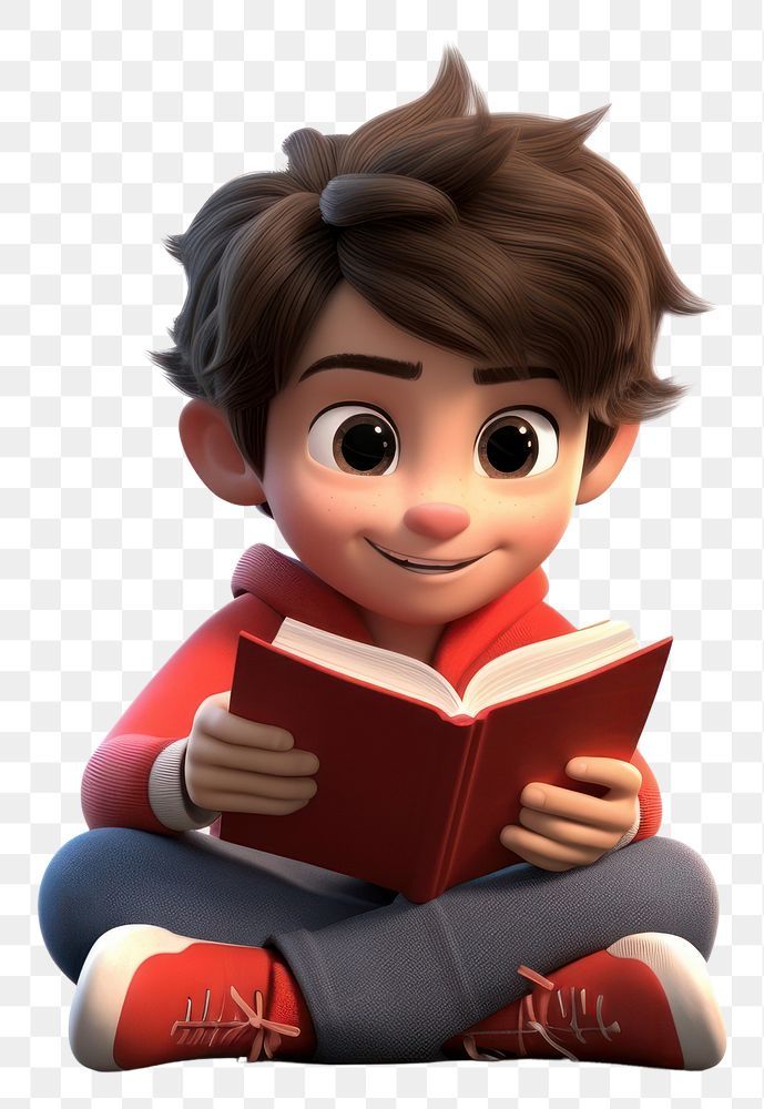 a cartoon boy reading a book while sitting on the floor with his legs crossed and eyes wide open