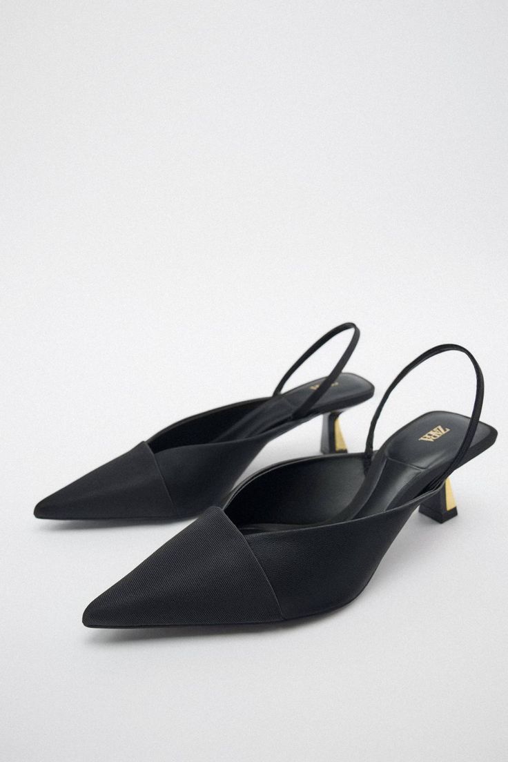 31 Elevated Basics From Zara That You Should See Immediately | Who What Wear Black Bridesmaid Shoes, Slingback Heels Outfit, Bow High Heels, Clear Strap Heels, Black Kitten Heels, Heels Outfits, Chic Shoes, Elevated Basics, Rhinestone Heels