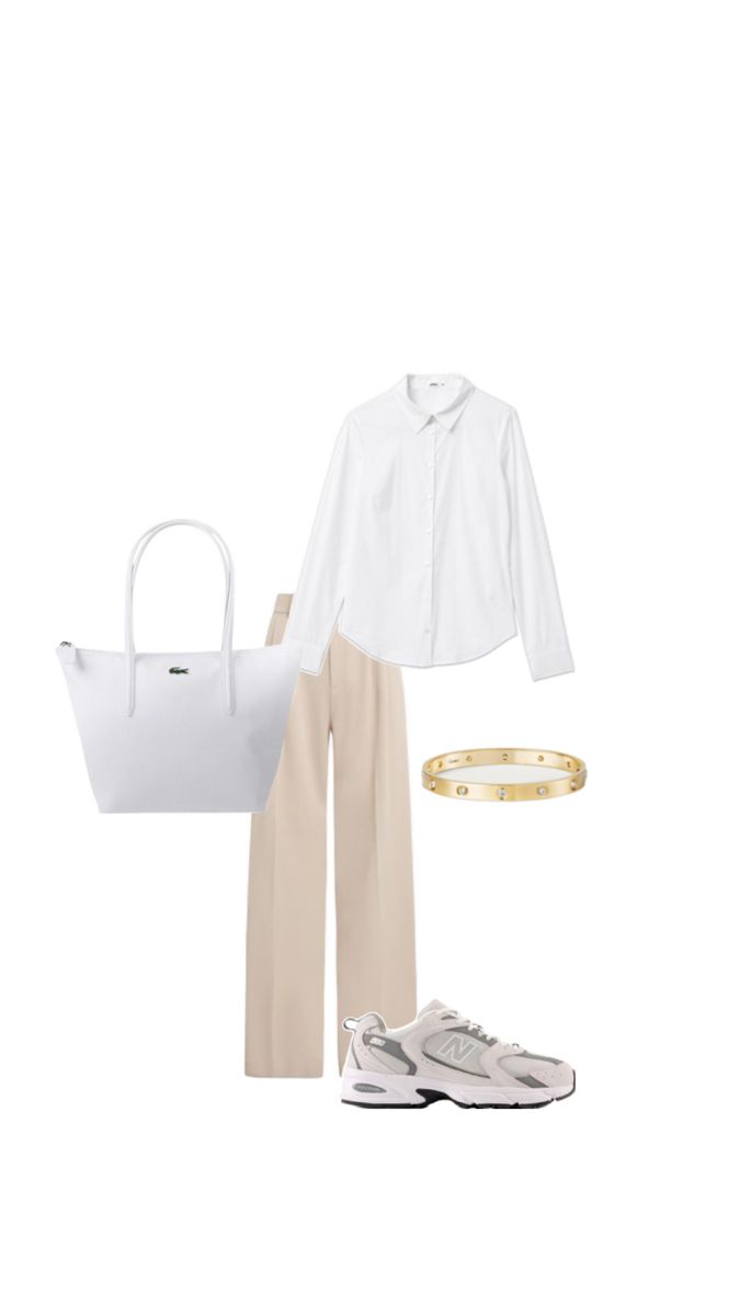 pantalon beige classe chemise blanche sac lacoste blanc new balance beige et bijoux Chemise Blanche Outfit, Outfit Pantalon Blanc, New Balance Beige, Balance Beige, New Balance, Quick Saves