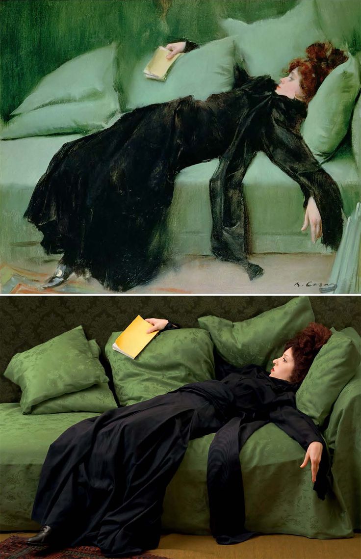 two pictures of a woman laying on a green couch, one in black and the other in yellow