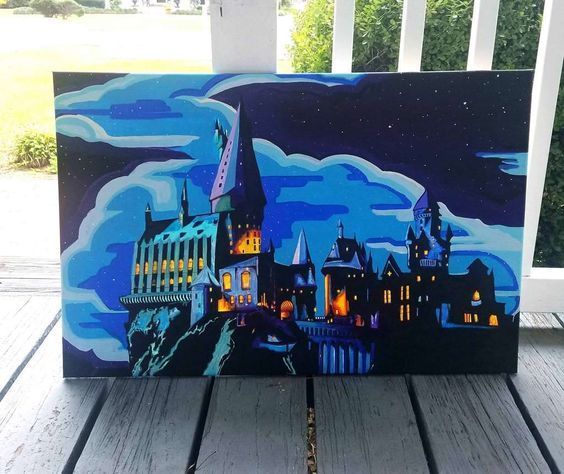 a painting of hogwarts castle on a porch