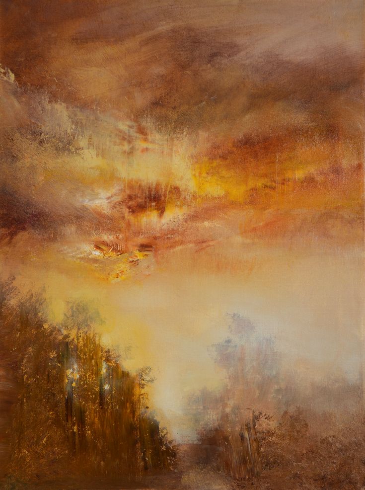 an abstract painting with trees and clouds in the background