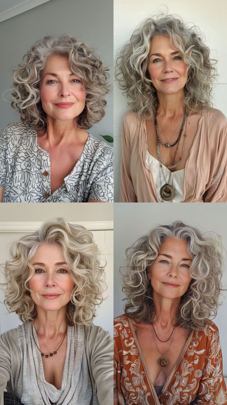 Explore 27 curly hairstyles for medium hair that are perfect for women over 60. These elegant styles add volume and texture, making you look and feel fabulous. Save this pin for the best medium-length curls! Curly Hairstyles For Medium Hair, Curly Angled Bobs, Long Layered Curly Hair, Layered Curly Haircuts, Medium Length Curls, Fine Curly Hair, Grey Curly Hair, Short Dark Hair, Tapered Hair