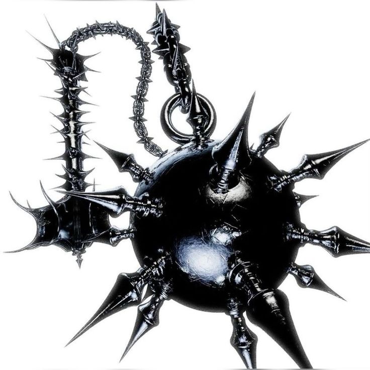 a black ball with spikes and chains hanging from it's center point on a white background