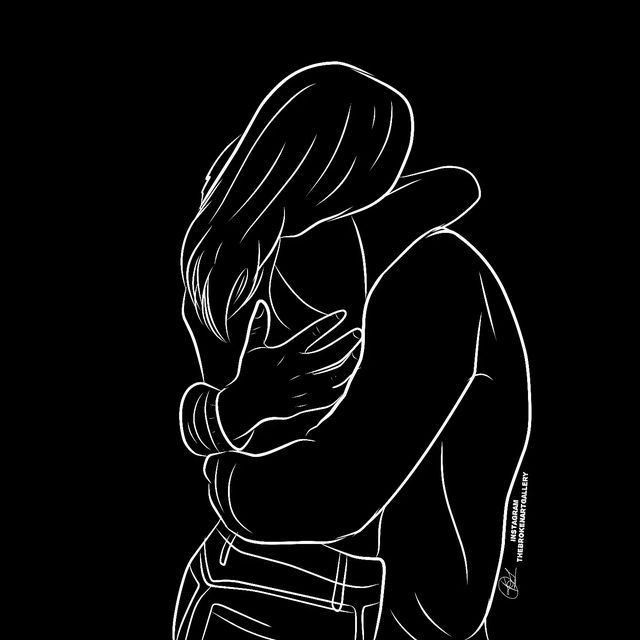 a black and white drawing of a person hugging