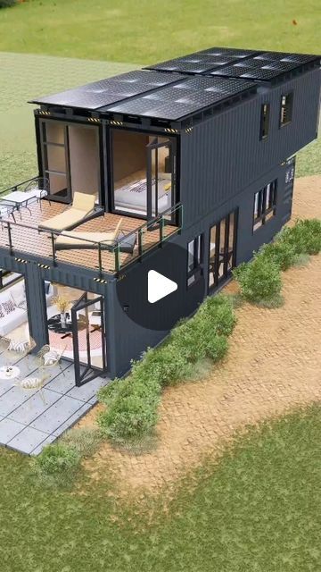 an aerial view of a house with solar panels on it's roof and patio