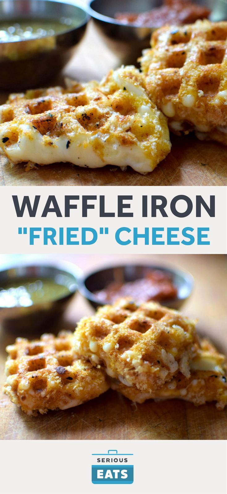 waffle iron fried cheese on a cutting board