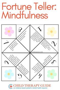 the fortune teller mindfulness book with four squares and numbers on each side,