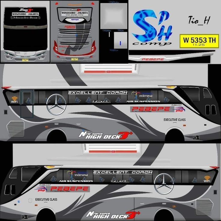 the bus is white with red and blue designs on it's side, front and back