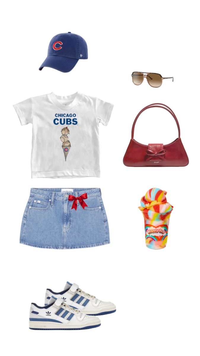 a white shirt, blue jean skirt, red hat and sneakers are arranged on top of each other