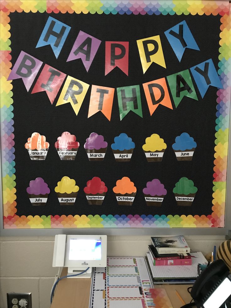 a happy birthday banner hanging on the wall above a desk with computer and other office supplies