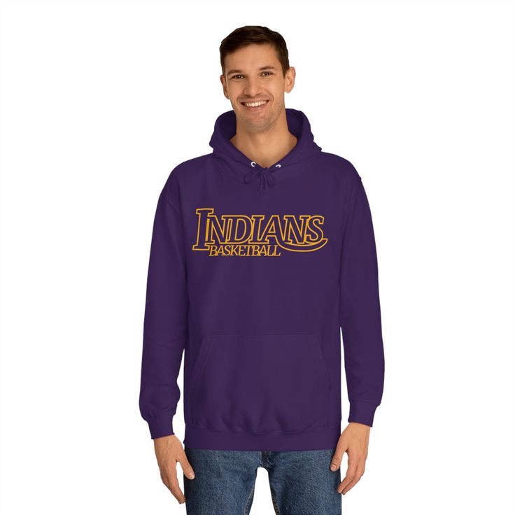 Show your Indians Basketball spirit with this Laker-esque design! Choose from multiple colors to show off your Indians mascot pride. Put new life into a classic wardrobe staple with your own art. This hoodie features a unisex design with side seams that help the garment retain its shape on the long run. With a spacious kangaroo pocket for enhanced daily practicality, a comfy true-to-size fit, and multiple colors to choose from - these hoodies provide a cozy wearing experience packed with style. Cotton Hoodie With Graphic Print For Fans, Pre-shrunk Cotton Hoodie For Fan Merchandise, Fan Merchandise Cotton Hoodie Sweatshirt, Cotton Graphic Print Hoodie Fan Apparel, Cotton Fan Merchandise Hoodie Sweatshirt, Hooded Sports Fan Hoodie For Streetwear, Cotton School Spirit Hoodie For Fans, Sports Fan Cotton Hoodie With Graphic Print, Fan Apparel Cotton Hoodie With Drawstring