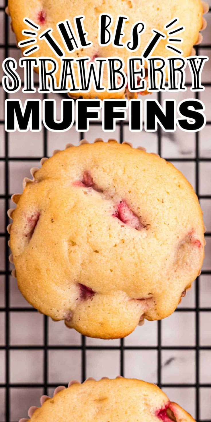 strawberry muffins on a cooling rack with text overlay