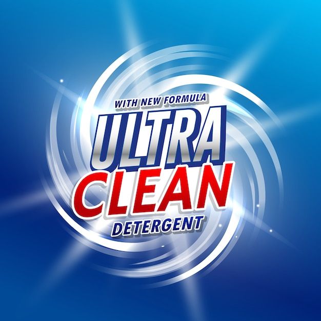 the ultra clean detergent logo on a blue background with white circles and red lettering