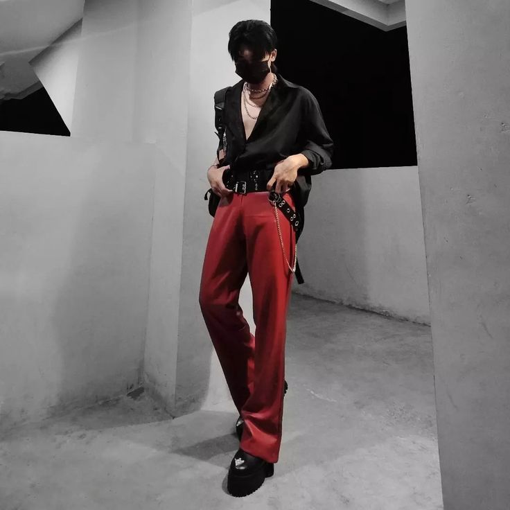 Fire Inspired Outfits Men, Red Masc Outfits, Red And Black Outfits Men, Guy Clothes Aesthetic, Red Outfits Men, Black White Red Outfit, Chinese Fashion Men, Black Red Outfit, E Boy Outfits