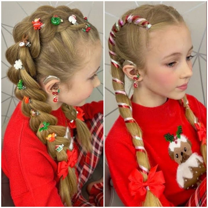 Grinch Hairstyles Girl, Thanksgiving Hair Ideas For Kids, Christmas Hair Dos For Kids, Fun Holiday Hairstyles For Kids, Kids Crazy Christmas Hair, Whoville Hair Ideas, Fun Christmas Hair For Kids, Grinch Hairstyles Crazy Hair, Christmas Wacky Hair Day