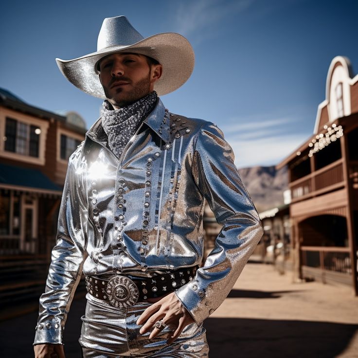 Space Cowboy Party Outfit, Cowboy Fashion For Men, Space Cowboy Party, Futuristic Cowboy, Cowboy Outfits Men, Cowboy Outfit Men, Disco Rodeo, Space Disco, Cowboy Clothes