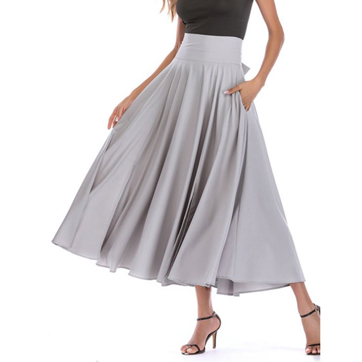 Light Gray High Waisted Swing A-line Maxi Skirt Chic A-line Maxi Skirt, Chic A-line Maxi Skirt In Solid Color, Party Flowy Maxi Skirt In Solid Color, Spring A-line Maxi Skirt With Pockets, Flowy A-line Maxi Skirt With Pockets, Chic Flared Skirt With Wide Waistband, A-line Pleated Skirt With Pockets, Solid Color Long Pleated Skirt For Party, Long Pleated Skirt In Solid Color For Party